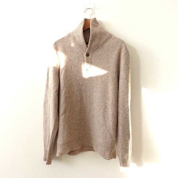 Beige Wool Sweater Men Large J CREW Knit Tan Lambswool Shawl Henley Button Neck - Picture 1 of 11